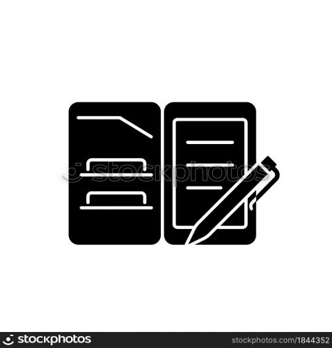 Portfolio folder black glyph icon. Keeping paper documents safely. Carrying papers and drawings in case. Keep office documents organized. Silhouette symbol on white space. Vector isolated illustration. Portfolio folder black glyph icon