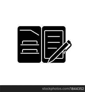 Portfolio folder black glyph icon. Keeping paper documents safely. Carrying papers and drawings in case. Keep office documents organized. Silhouette symbol on white space. Vector isolated illustration. Portfolio folder black glyph icon