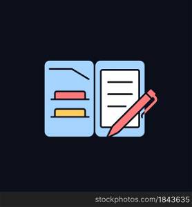Portfolio folder RGB color icon for dark theme. Keeping paper documents safely. Carrying papers in case. Isolated vector illustration on night mode background. Simple filled line drawing on black. Portfolio folder RGB color icon for dark theme