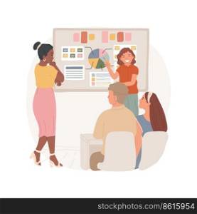 Portfolio presentation isolated cartoon vector illustration. Student presents portfolio to parents and teacher, sit in a classroom, showing work, telling about study plan vector cartoon.. Portfolio presentation isolated cartoon vector illustration.