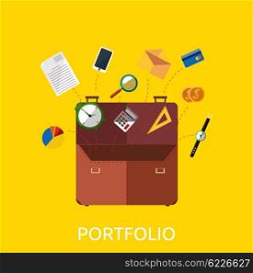 Portfolio with coin watch and document data. Portfolio for business document paper and phone, clock coins and office supplies, credit card envelope and telephone in briefcase, vector illustration