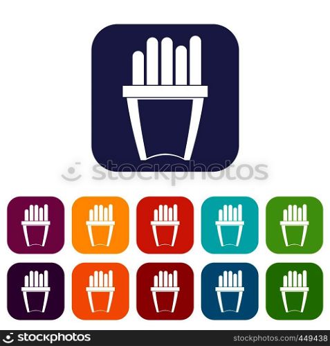 Portion of french fries icons set vector illustration in flat style In colors red, blue, green and other. Portion of french fries icons set flat