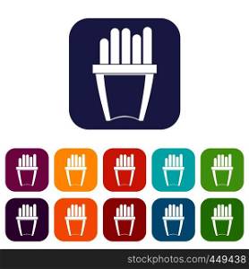 Portion of french fries icons set vector illustration in flat style In colors red, blue, green and other. Portion of french fries icons set flat