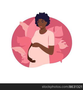 Portrait african pregnant woman in dress on white background. Health, care, pregnancy. Vector illustration. Flat