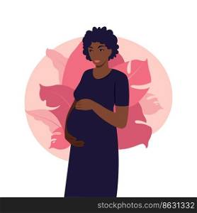 Portrait african pregnant woman in dress on white background. Health, care, pregnancy. Vector illustration. Flat