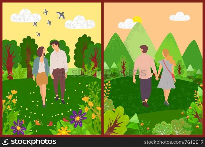 Portrait and back view of man and woman lovers walking in forest or park, smiling people in casual clothes, couple romantic day outdoor, nature vector. Romantic Day of Couple Walking Outdoor Vector