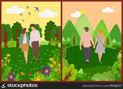 Portrait and back view of man and woman lovers walking in forest or park, smiling people in casual clothes, couple romantic day outdoor, nature vector. Romantic Day of Couple Walking Outdoor Vector