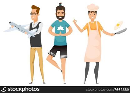 Portrait and full length view of employees, tourism manager holding plane, balancing sporty person, man in apron with egg on frying-pan, hobby vector. Hobby Cook or Yoga, Tourism Occupation Vector