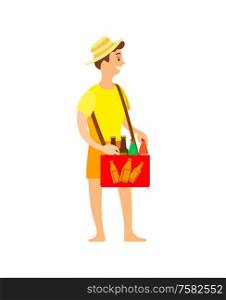 Portrait and full length view of standing man in bright yellow casual clothes, seller holding box with bottles, smiling male in cap, summer work vector. Seller Holding Box with Bottles, Portrait Vector