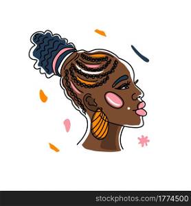 Portrait beatfull African woman, human rights, fight racism. Line art, minimalism style. Black history month illustration.. Portrait African woman with a beautiful hairstyle, human rights, fight racism. Line art, minimalism style. Black history month illustration.