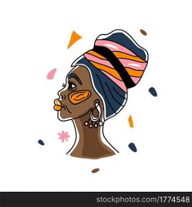 Portrait beatfull African woman, human rights, fight racism. Line art, minimalism style. Black history month illustration.. Portrait in a turban African woman, human rights, fight racism. Line art, minimalism style. Black history month illustration.