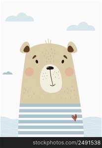 portrait Cute bear in a striped t-shirt vest at the sea. Vector illustration. Animal poster for kids collection, postcards, design, print, bedroom and nursery decoration and greeting cards