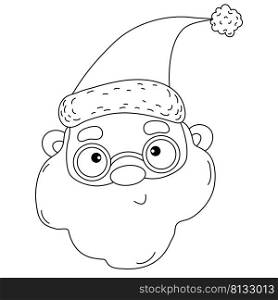 Portrait cute Santa Claus In glasses and hat. outline illustration. Vector christmas character for holiday decor and design, Print and greeting card