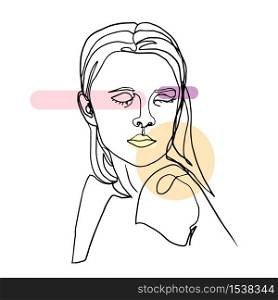 Portrait drawing of a girl in a continuous line on a white background. Abstract woman face with closed eyes.. Portrait drawing of a girl in a continuous line on a white background.