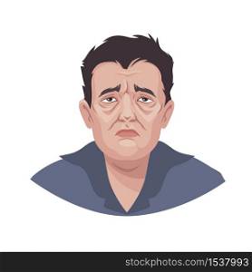 Portrait mature man with tired appearance sleep eyelids vector graphic illustration. Cartoon male old facial expression with unhealthy skin, wrinkle and tiredness eye isolated. Blepharoplasty concept. Portrait mature man with tired appearance sleep eyelids vector graphic illustration