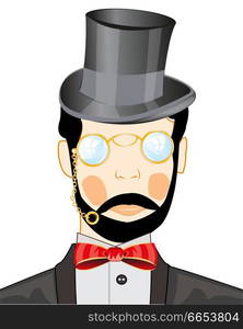 Portrait men in suit and headdress with pince-nez on person. Vector illustration men in pince-nez and headdress