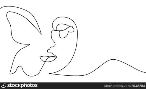Portrait minimalistic style. Half of the face is female, half of the face is a butterfly wing. Beauty concept. lashes follow contour of butterfly&rsquo;s wing. The woman inside. abstract face with butterfly one line drawing. Portret minimalistic style