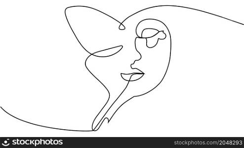 Portrait minimalistic style. Half of the face is female, half of the face is a butterfly wing. Beauty concept. lashes follow contour of butterfly&rsquo;s wing. The woman inside. abstract face with butterfly one line drawing. Portret minimalistic style