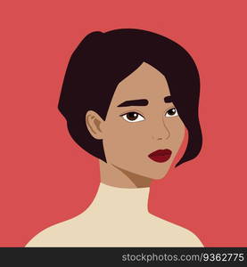 Portrait of a beautiful half turn Latin woman. Young brown haired girl with stylish haircut. Fashion and beauty. Female. Avatar for social networks. Bright art. Flat style