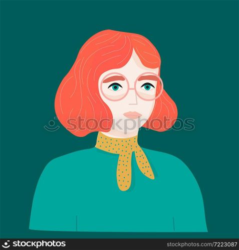 Portrait of a beautiful red-haired woman with bright green eyes, abstractly stylized, on a dark green background, vector illustration