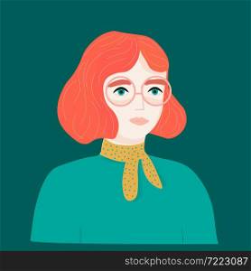 Portrait of a beautiful red-haired woman with bright green eyes, abstractly stylized, on a dark green background, vector illustration