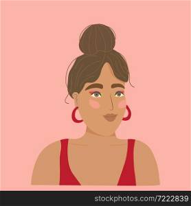 Portrait of a bright, beautiful brunette woman, abstract stylized, on a pink background, vector illustration