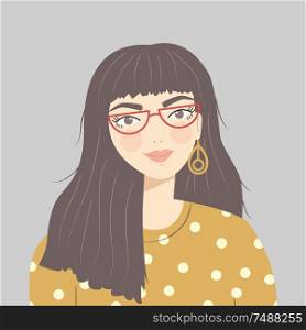Portrait of a brunette girl with long brown hair wearing red glasses, patterned sweater and earrings, on gray background, flat vector illustration