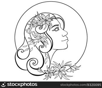 Portrait of a girl with flowers in her hair - a vector linear picture for coloring. Woman in profile wearing a flower wreath. Outline. Girl for coloring book.