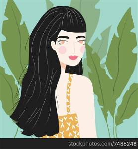 Portrait of a girl with long black hair with patterned shirt, on blue background with green plants, flat vector illustration