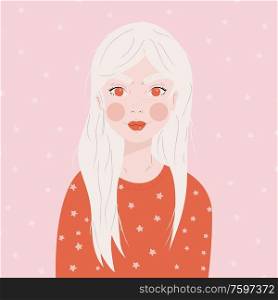 Portrait of a girl with long white hair, in red sweater, on pink background with white stars, flat vector illustration