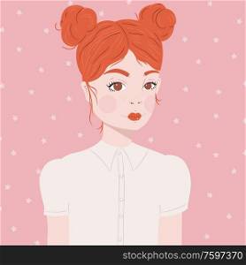 Portrait of a girl with red hair and double buns, in white blouse, on pink background with white stars, flat vector illustration