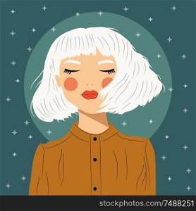 Portrait of a girl with white hair and closed eyes, in yellow blouse, on green background with white stars, flat vector illustration
