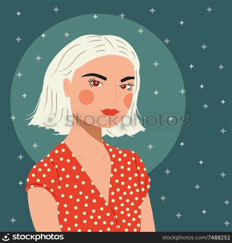 Portrait of a girl with white hair with patterned red blouse, on green starry background, flat vector illustration