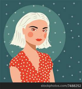 Portrait of a girl with white hair with patterned red blouse, on green starry background, flat vector illustration