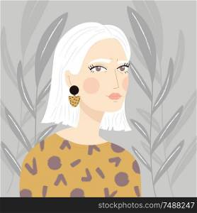 Portrait of a girl with white hair with patterned sweater and earrings, on gray plant background, flat vector illustration
