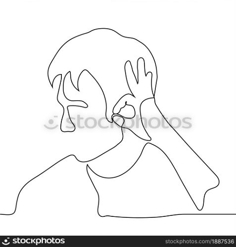 "portrait of a man put his hand to his ear to hear better. fingers folded in an "okay" gesture and pressed against the auricle. One line drawing concept of agreement with what you hear, good news"