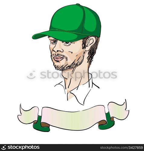 portrait of a man with a cap, doodles over white