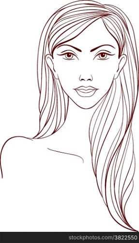 Portrait of a naked, relaxed girl with long hair and big eyes. Line art