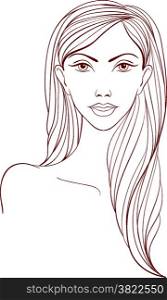 Portrait of a naked, relaxed girl with long hair and big eyes. Line art