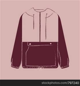 Portrait of a showcase maroon-colored coat with white buttons contrast paneled piping and stitched detailing over the pink background vector color drawing or illustration