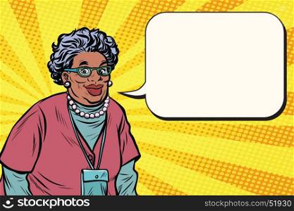 Portrait of a smiling beautiful African old woman, Granny. Pop art retro vector illustration. Portrait of a smiling beautiful African old woman, Granny