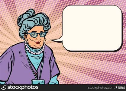 Portrait of a smiling beautiful Caucasian old woman, Granny. Pop art retro vector illustration. Portrait of a smiling beautiful Caucasian old woman, Granny