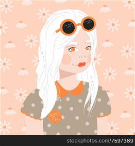 Portrait of a young girl with white hair and sunglasses, in dotted shirt, on pink background with daisies, flat vector illustration