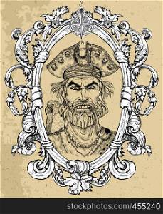 Portrait of angry pirate captain with beard and parrot on texture background. Hand drawn engraved vector illustration of sailor, seaman or seafarer in old vintage style