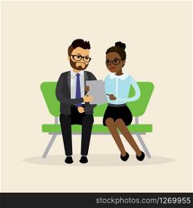 Portrait of attractive business partners using tablet,working as a team,flat vector illustration