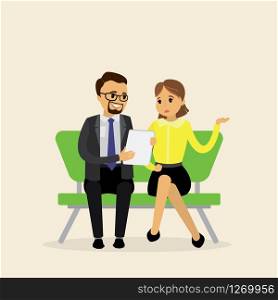 Portrait of attractive business partners using tablet,working as a team,flat vector illustration