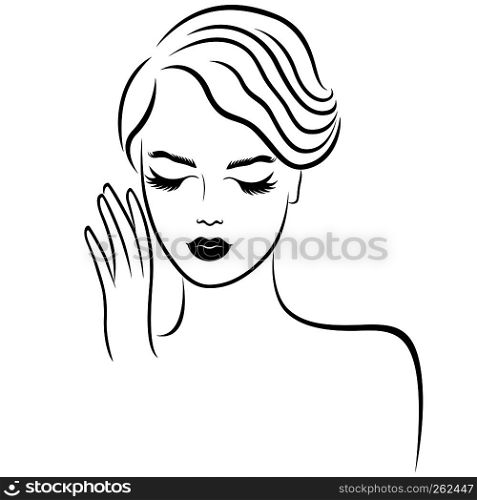 Portrait of attractive girl with gathered hair and closed eyes, hand drawing black vector on the white background