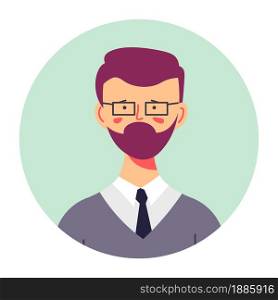 Portrait of bearded ale character wearing formal clothes, suit and tie. University professor, young teacher or student of college. Outfit of teenager with beard, confident personage vector in flat. Bearded teenage boy portrait, profile of male character
