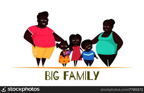 Portrait of big family with dark skin, parents with kids two girls and boy vector illustration. Big Family Illustration