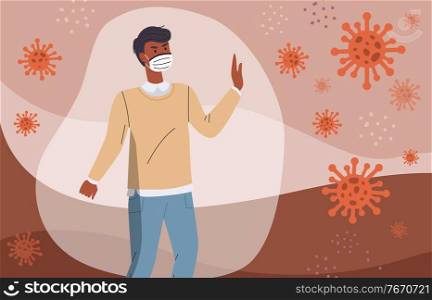 Portrait of black man wear medical mask protected from flying virus pathogen with a shell. Concept of spreading virus in the air. Cartoon character in flat style protest against world epidemy. Man’s immune system protect him from virus, black man in respiratory medical mask, spreading virus